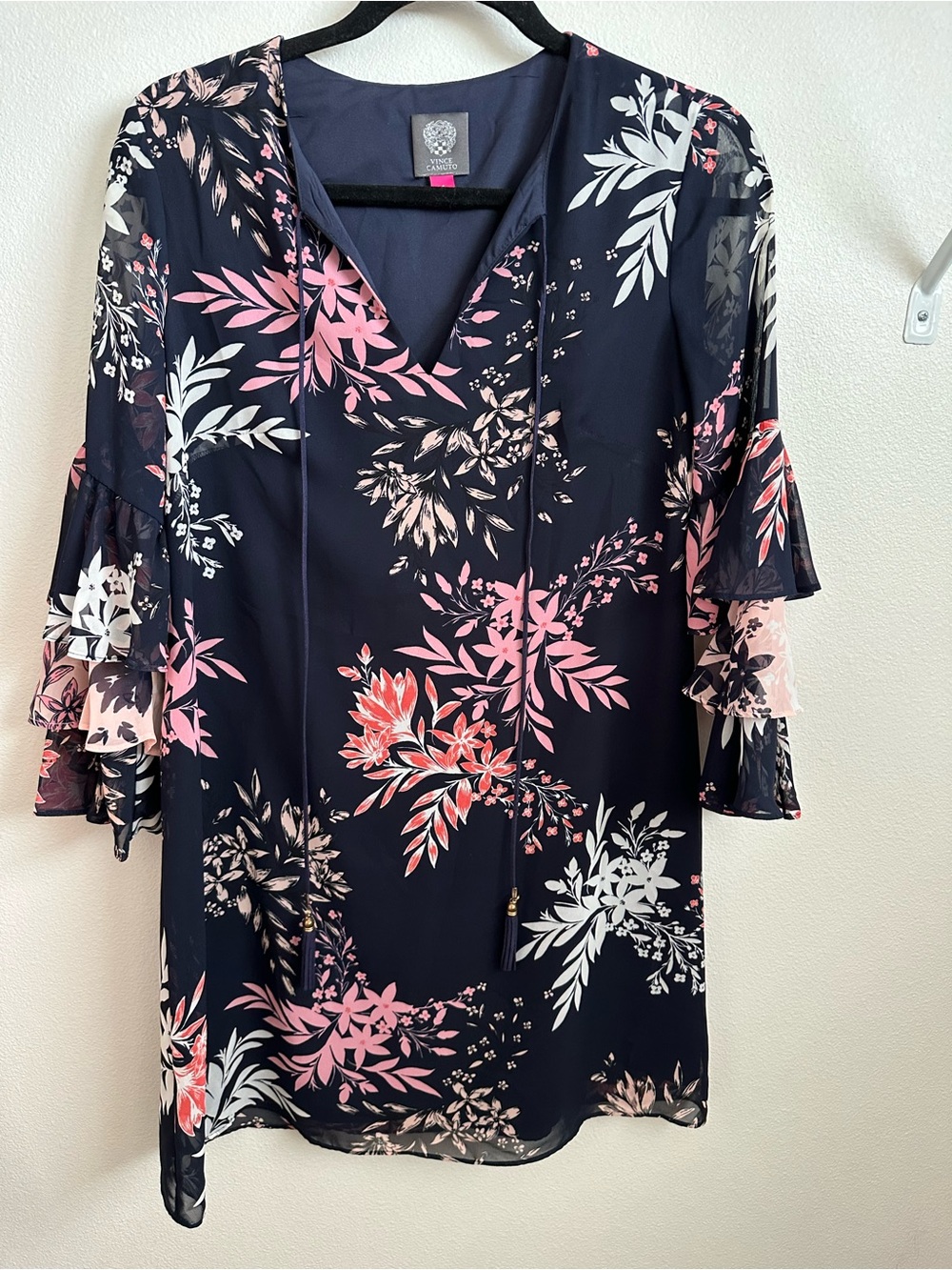 Vince Camuto Navy Floral V-Neck Tunic Dress 3/4 sleeves